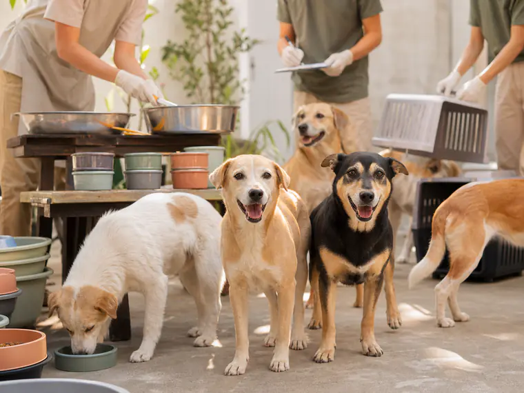 Volunteers caring for rescued dogs at a rescue center